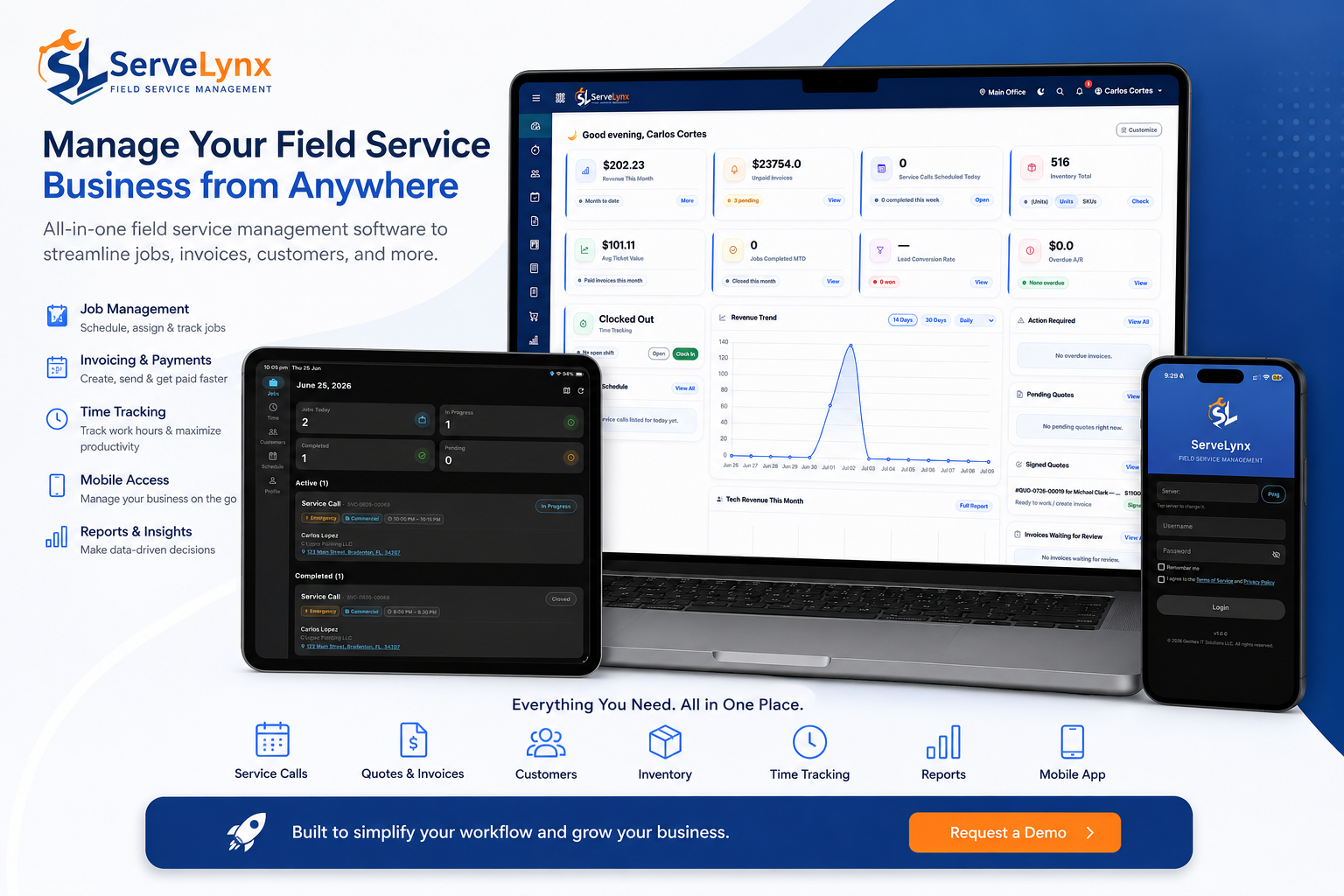 ServeLynx mobile app showing today's jobs, current job status, clock-in time, and live GPS location sharing