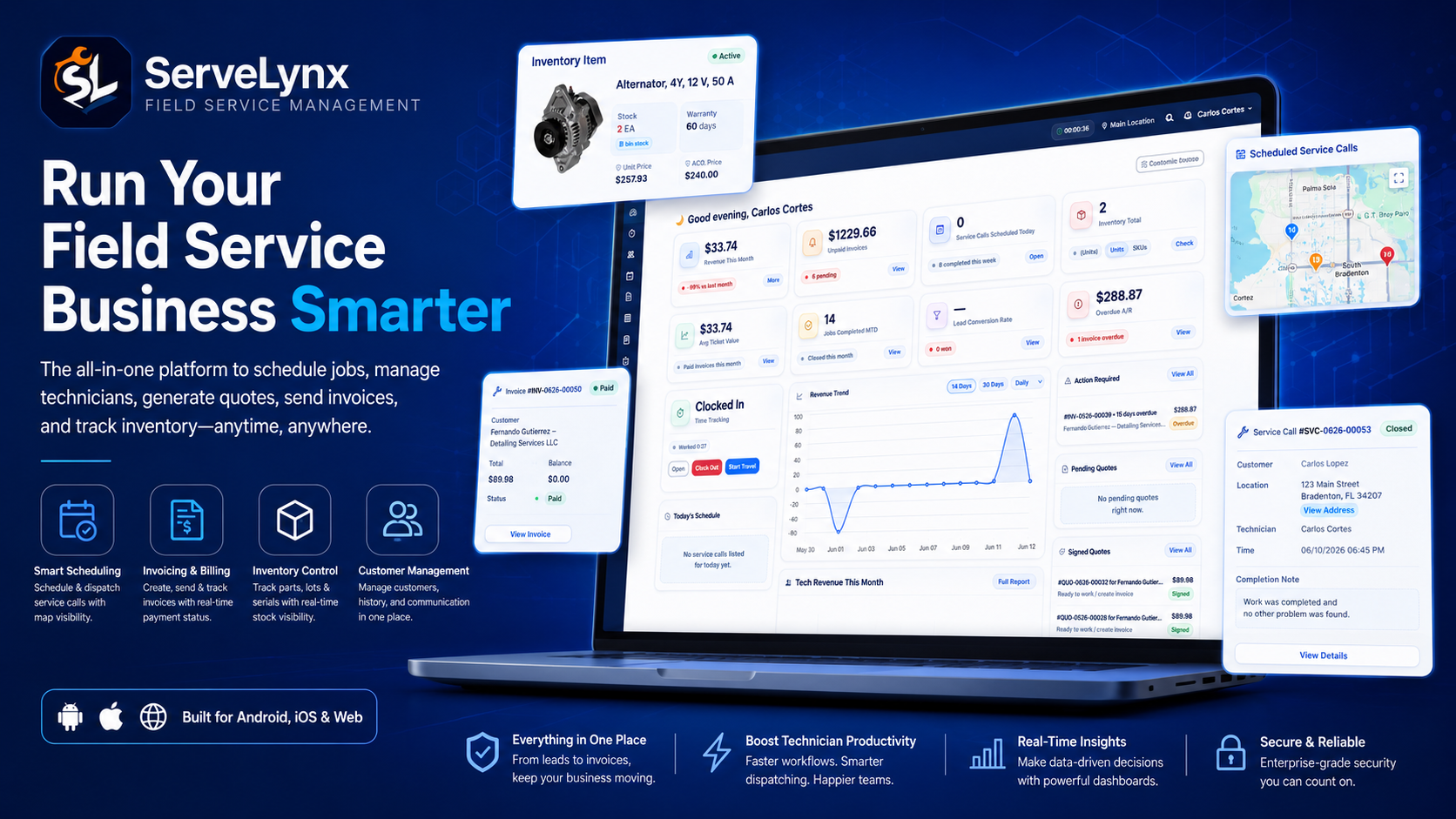 ServeLynx dashboard showing revenue, invoices, inventory, and scheduled service calls