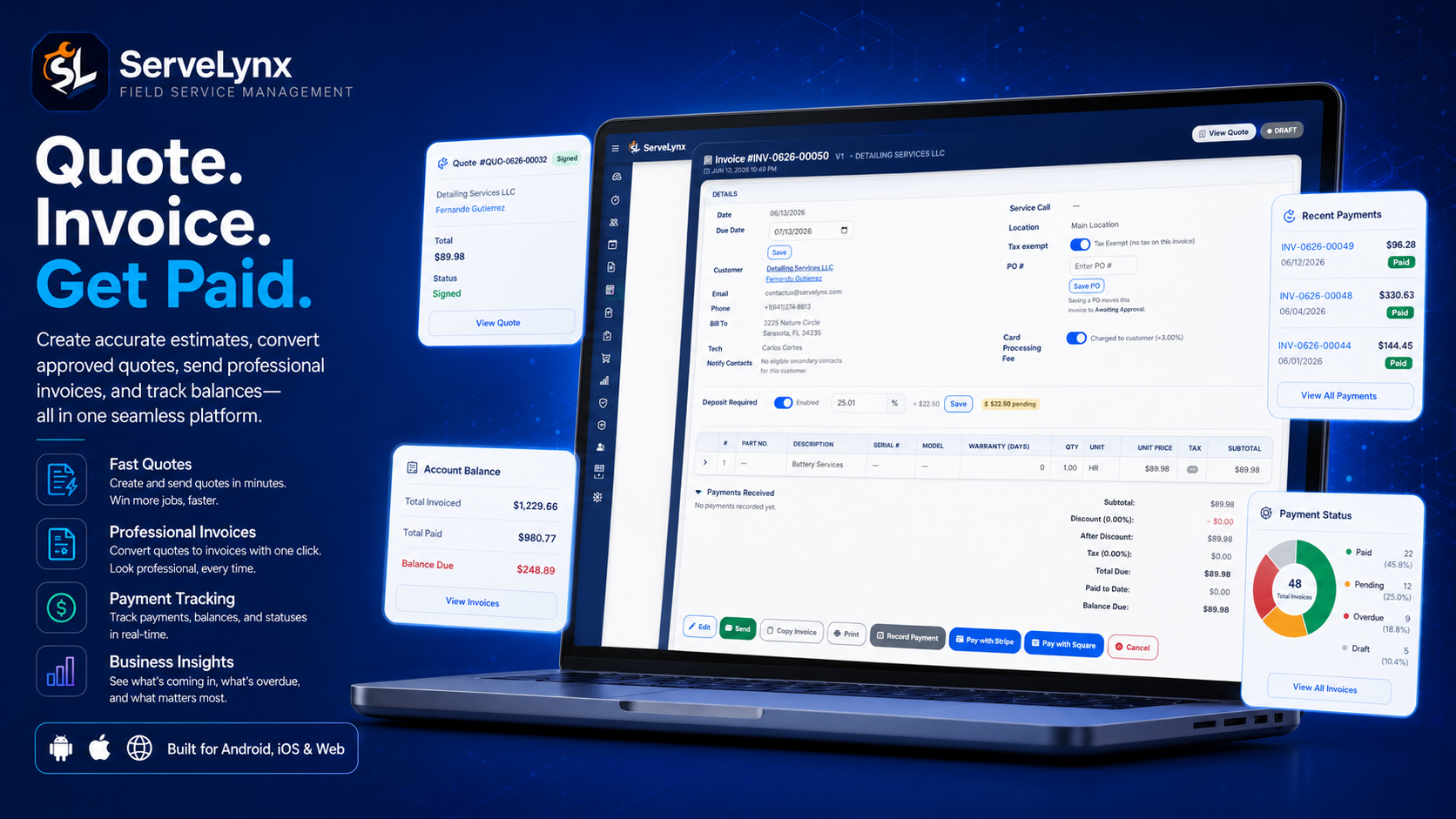 ServeLynx invoice and quote screens showing payment status and account balance
