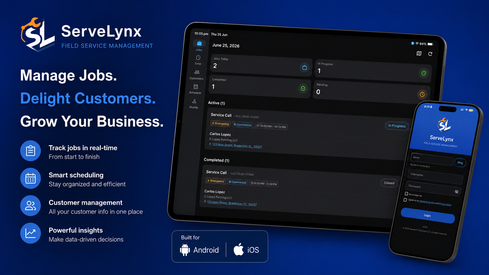 ServeLynx mobile app showing job tracking and technician login screen