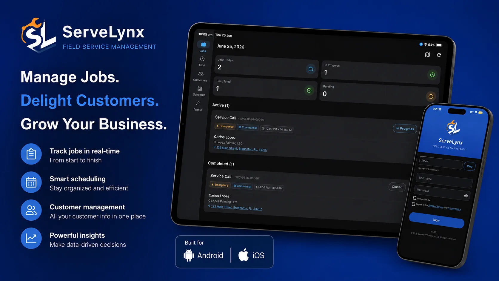 ServeLynx mobile app showing job tracking and technician login screen